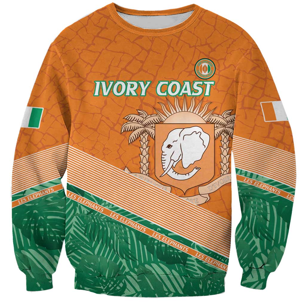 Orange crewneck rugby sweatshirt with elephant crest, stripes, and IVORY COAST text