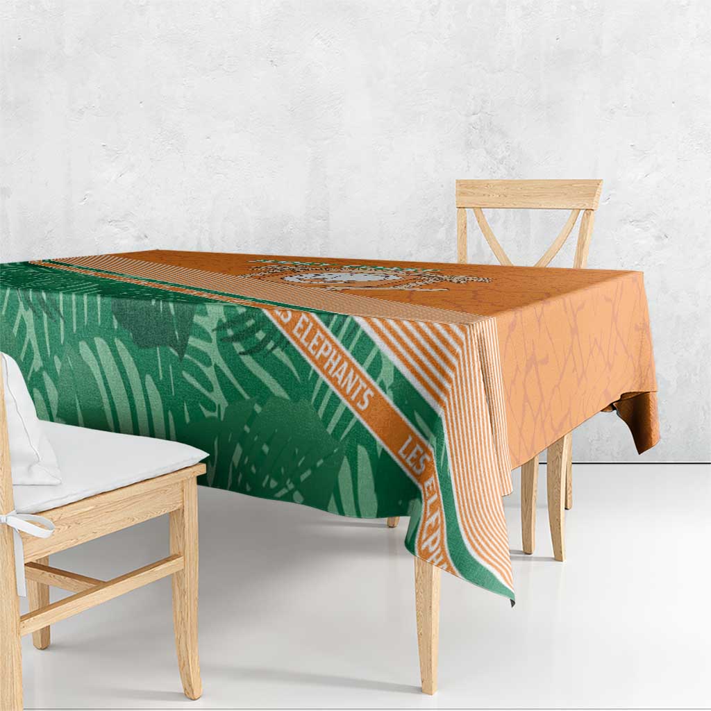 Orange and green custom tablecloth with elephant graphic and striped edge