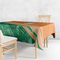 Orange and green custom tablecloth with elephant graphic and striped edge