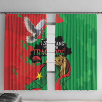 Window curtain panel, red and green graphic with eagle and bold text