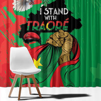 Window curtain panel, close view with eagle, portrait, and "STAND WITH TRAORE" text