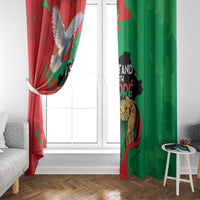 Window curtain panel, red and green print with eagle and portrait by window