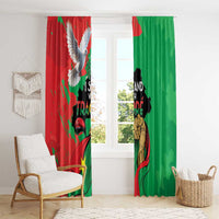 Window curtain pair, red and green graphic panels with eagle and portrait