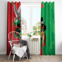 Window curtain panels, red and green with eagle motif and "STAND WITH TRAORE" text