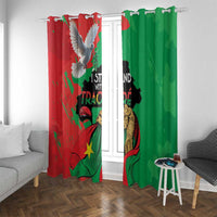 Window curtain set, red and green printed panels with eagle and portrait near sofa