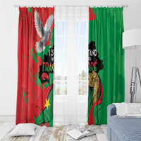Window curtain panels, red and green print with eagle and portrait over window