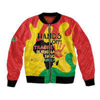 Unisex bomber jacket with red sleeves, yellow front panel, green details, front zipper