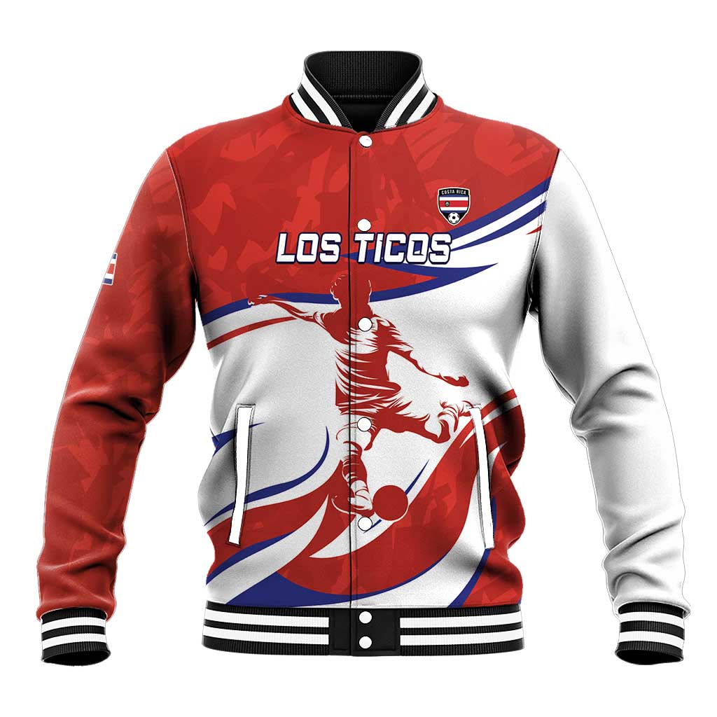 Red, white and blue baseball jacket with 'Los Ticos' front graphic and snap button closure