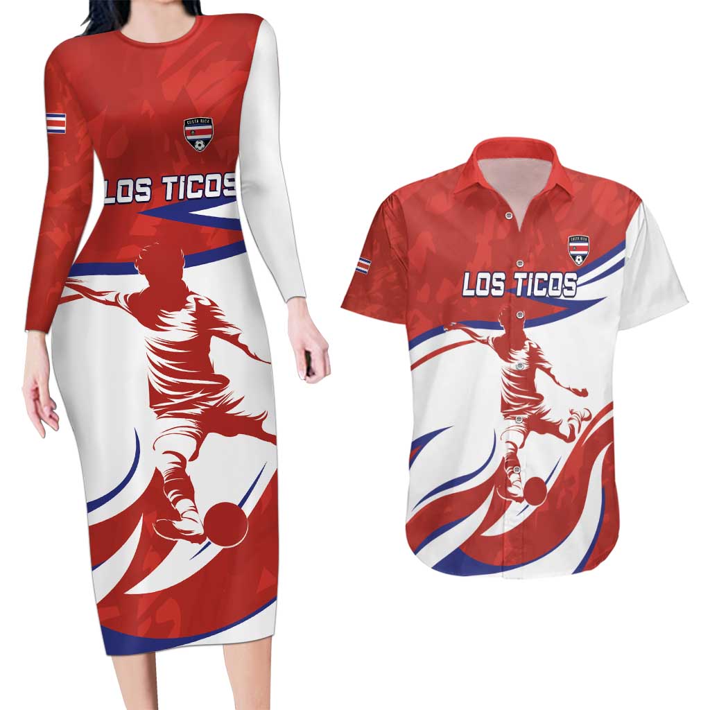 Custom Costa Rica Football Couples Matching Long Sleeve Bodycon Dress and Hawaiian Shirt Los Ticos With Bull Mascot - Wonder Print Shop