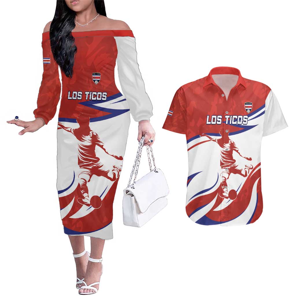 Custom Costa Rica Football Couples Matching Off The Shoulder Long Sleeve Dress and Hawaiian Shirt Los Ticos With Bull Mascot - Wonder Print Shop