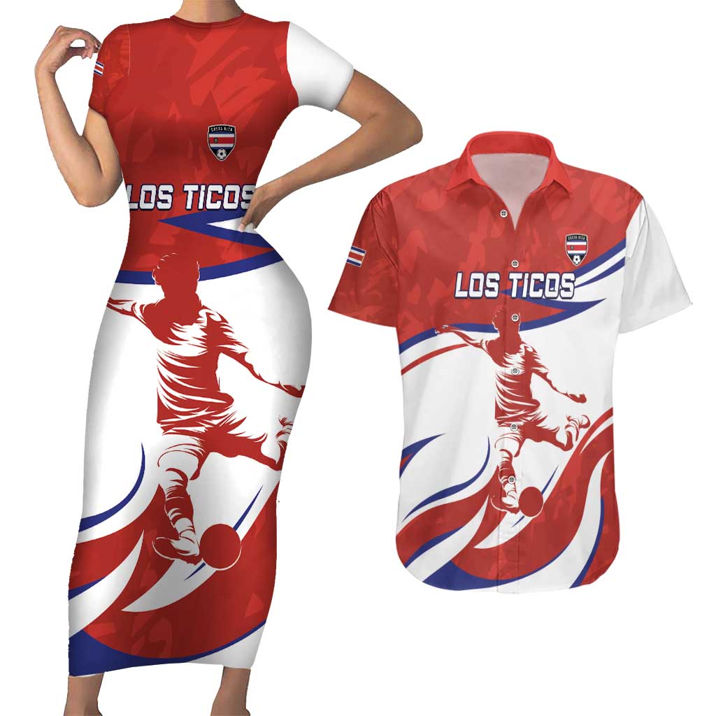 Custom Costa Rica Football Couples Matching Short Sleeve Bodycon Dress and Hawaiian Shirt Los Ticos With Bull Mascot - Wonder Print Shop