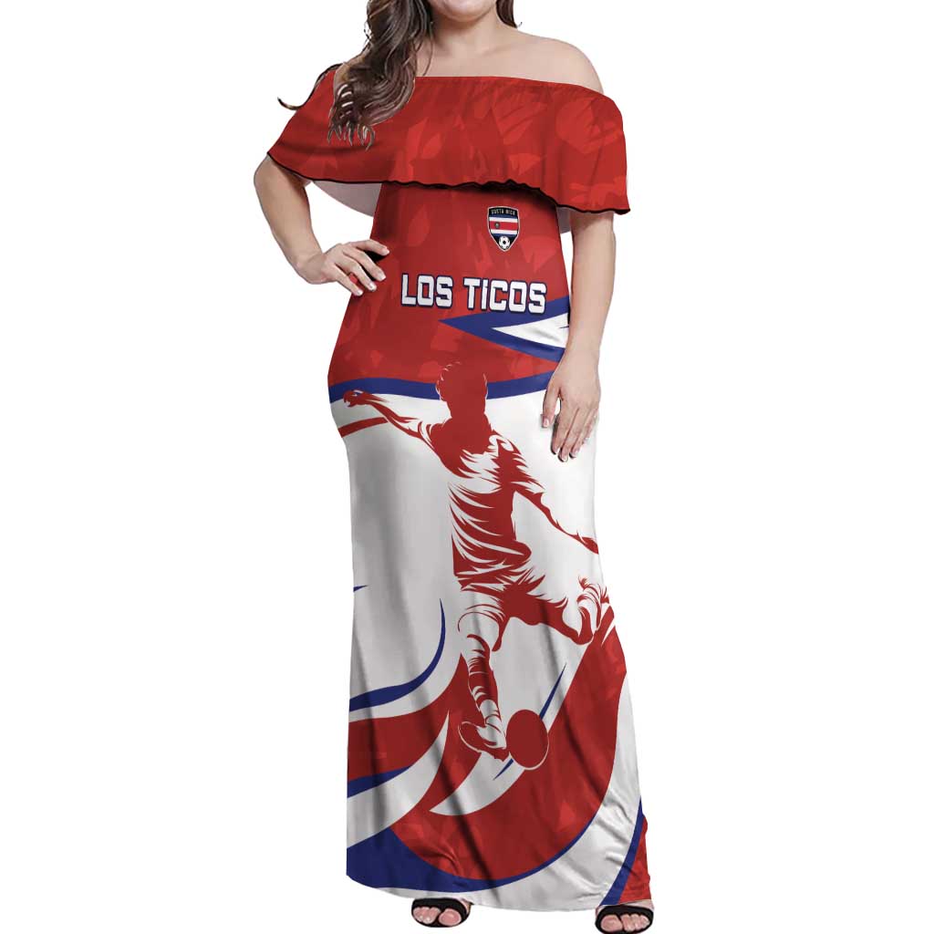 Custom Costa Rica Football Off Shoulder Maxi Dress Los Ticos With Bull Mascot - Wonder Print Shop