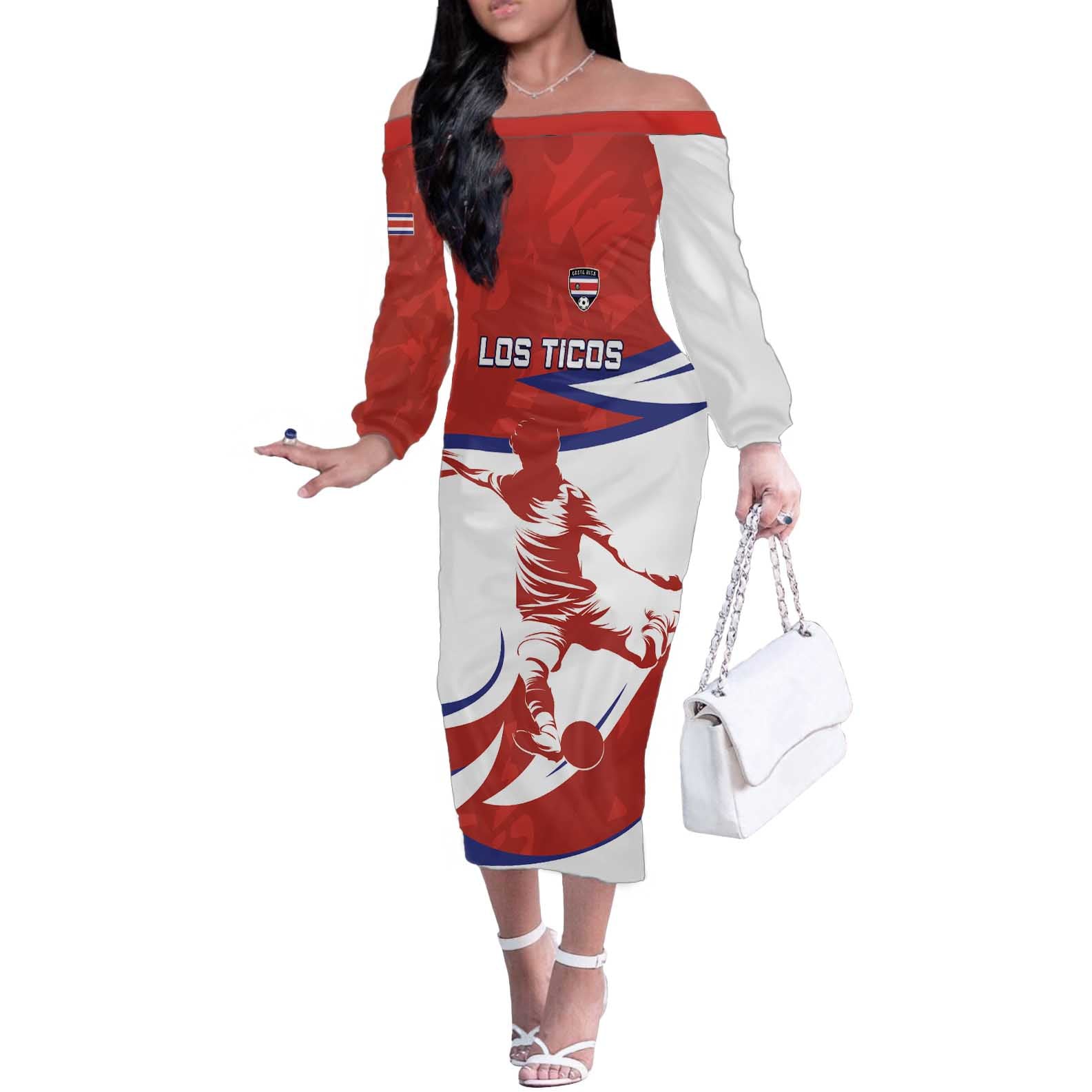 Custom Costa Rica Football Off The Shoulder Long Sleeve Dress Los Ticos With Bull Mascot - Wonder Print Shop