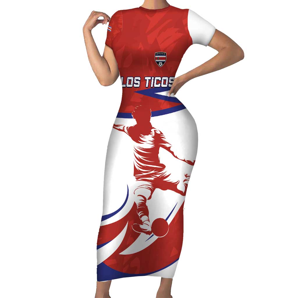 Custom Costa Rica Football Short Sleeve Bodycon Dress Los Ticos With Bull Mascot - Wonder Print Shop