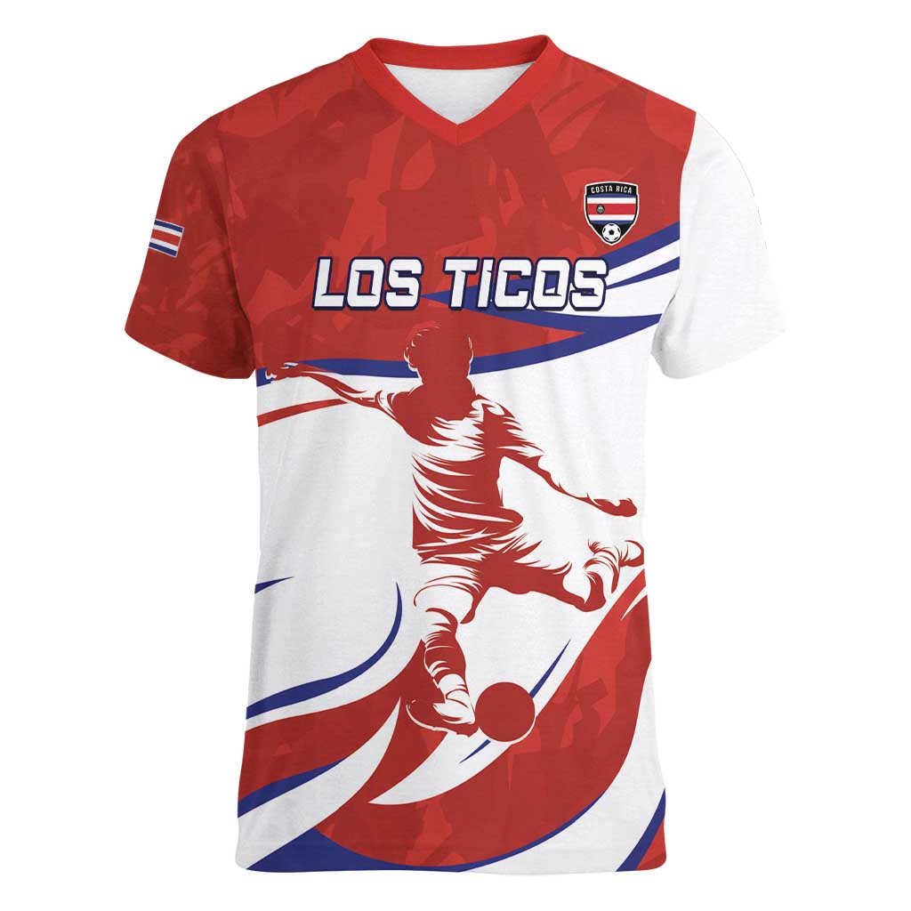 Custom Costa Rica Football Women V-Neck T-Shirt Los Ticos With Bull Mascot - Wonder Print Shop