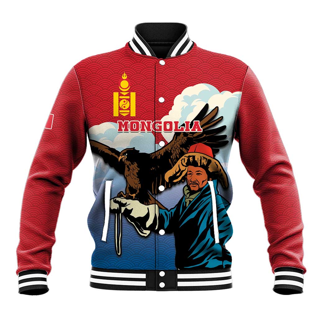 Red baseball jacket with Mongolia graphic eagle hunter, striped collar and cuffs