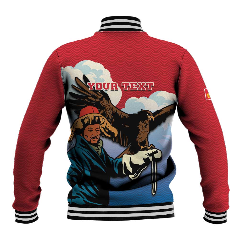 Red baseball jacket back with eagle hunter graphic and 'YOUR TEXT' print, striped cuffs
