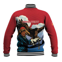 Red baseball jacket back with eagle hunter graphic and 'YOUR TEXT' print, striped cuffs
