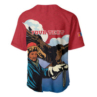Red baseball jersey back with eagle hunter scene and "YOUR TEXT" lettering