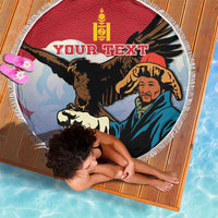 Red round beach blanket with white fringe, eagle hunter artwork and 'YOUR TEXT'