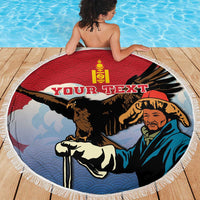 Round beach blanket with white fringe, eagle hunter artwork and 'YOUR TEXT' design