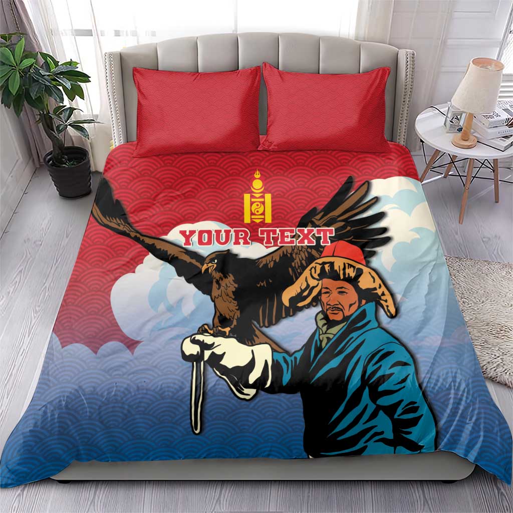 Personalized bedding set with eagle hunter and eagle print on red-and-blue duvet
