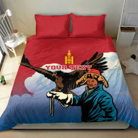 Red personalized bedding set featuring eagle hunter and eagle graphic on blue duvet