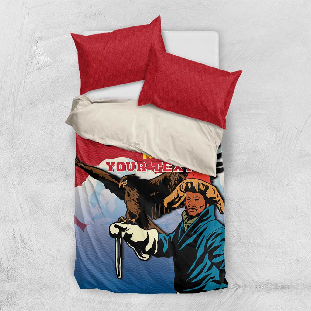 Red personalized bedding set with eagle hunter and eagle graphic on blue duvet, two pillows