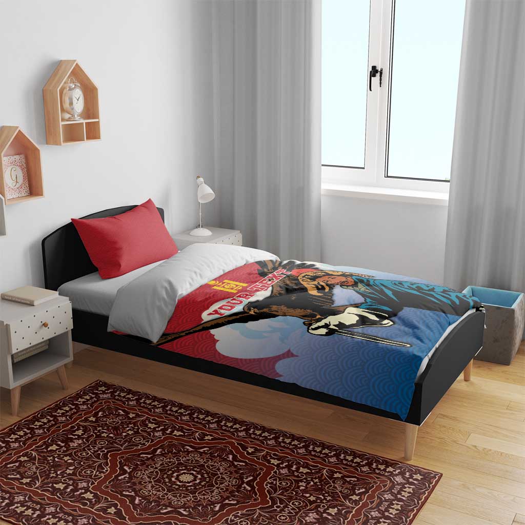 Personalized bedding set with eagle hunter and eagle artwork on blue duvet with red pillows