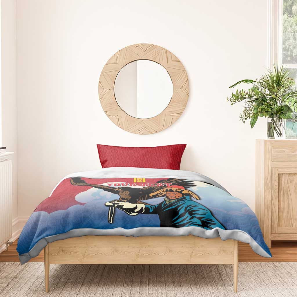 Red and blue personalized bedding set with eagle hunter and eagle graphic, red pillowcases