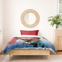 Red and blue personalized bedding set with eagle hunter and eagle graphic, red pillowcases