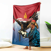 Personalized Mongolia eagle hunter blanket, red and blue eagle and warrior artwork