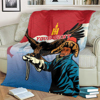 Personalized Mongolia eagle hunter blanket, red and blue graphic with eagle and warrior