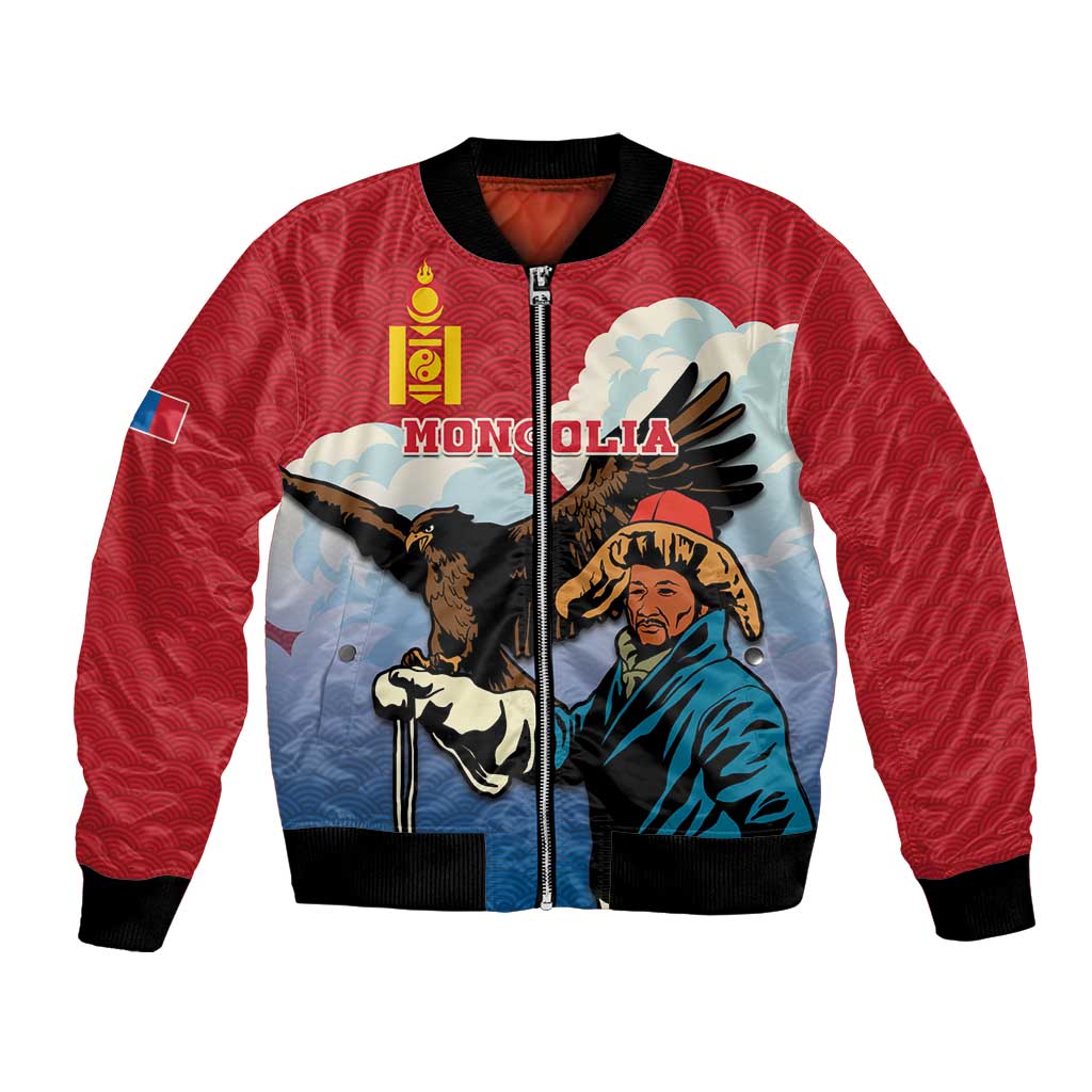 Red bomber jacket with full-zip front and eagle hunter graphic, black ribbed trim