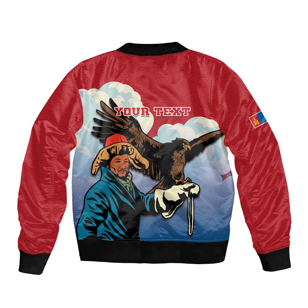 Red bomber jacket with back graphic and 'YOUR TEXT' banner, black ribbed cuffs