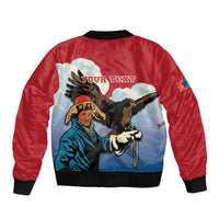 Red bomber jacket with back graphic and 'YOUR TEXT' banner, black ribbed cuffs