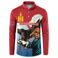 Red button sweatshirt with Mongolia front graphic and eagle-hunter scene