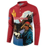 Red button sweatshirt with Mongolia front graphic and hunter portrait illustration