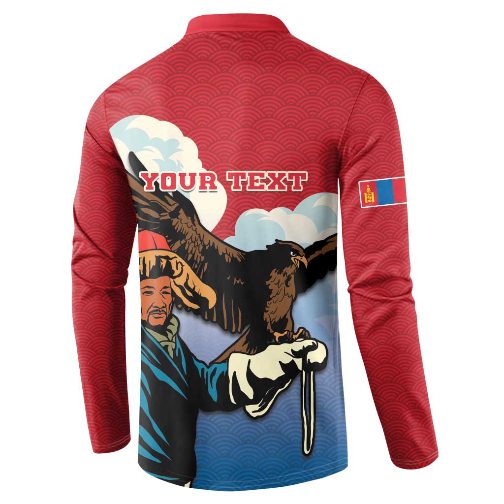 Red button sweatshirt back with 'YOUR TEXT' panel and eagle-hunter artwork