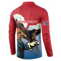 Red button sweatshirt back with 'YOUR TEXT' panel and eagle-hunter artwork