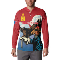 Red button sweatshirt on model featuring Mongolia front graphic illustration