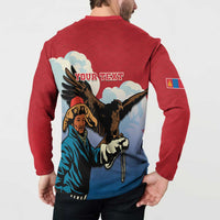 Red button sweatshirt back with 'YOUR TEXT' panel and eagle-hunter illustration