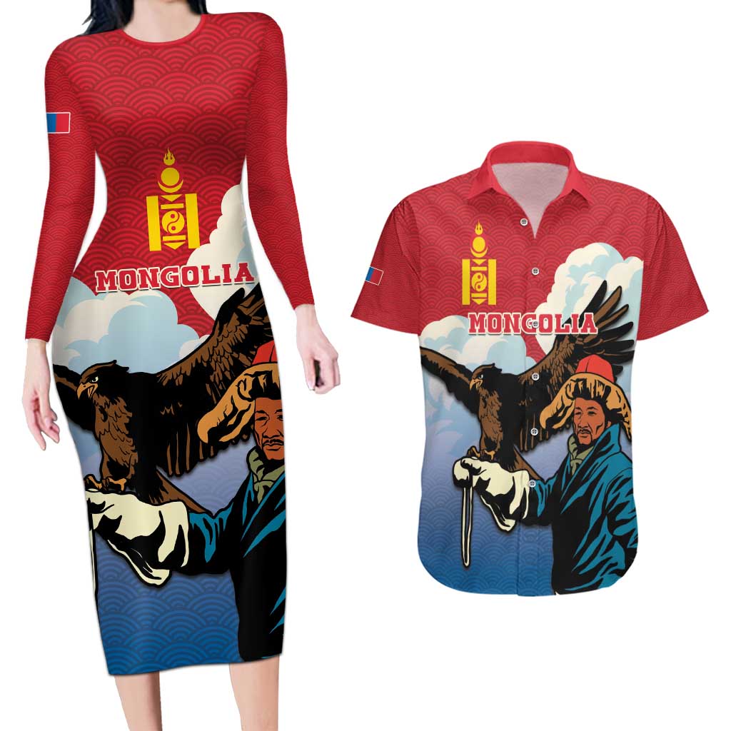 Personalised Mongolia Couples Matching Long Sleeve Bodycon Dress and Hawaiian Shirt Eagle Hunters - Wonder Print Shop