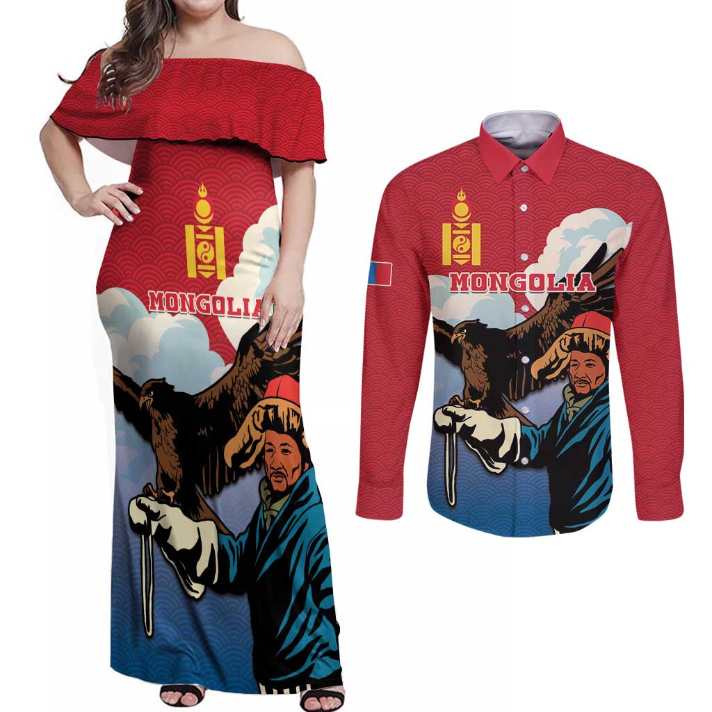 Personalised Mongolia Couples Matching Off Shoulder Maxi Dress and Long Sleeve Button Shirt Eagle Hunters - Wonder Print Shop