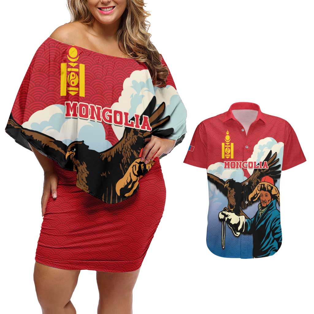 Personalised Mongolia Couples Matching Off Shoulder Short Dress and Hawaiian Shirt Eagle Hunters - Wonder Print Shop