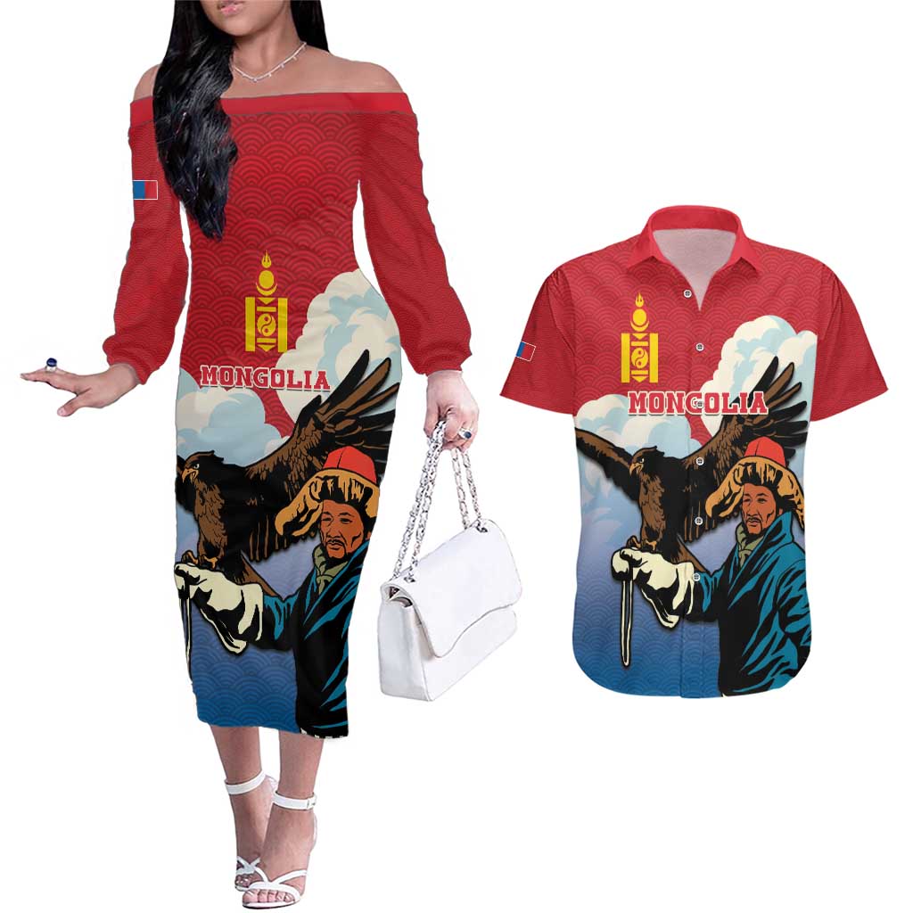 Personalised Mongolia Couples Matching Off The Shoulder Long Sleeve Dress and Hawaiian Shirt Eagle Hunters - Wonder Print Shop