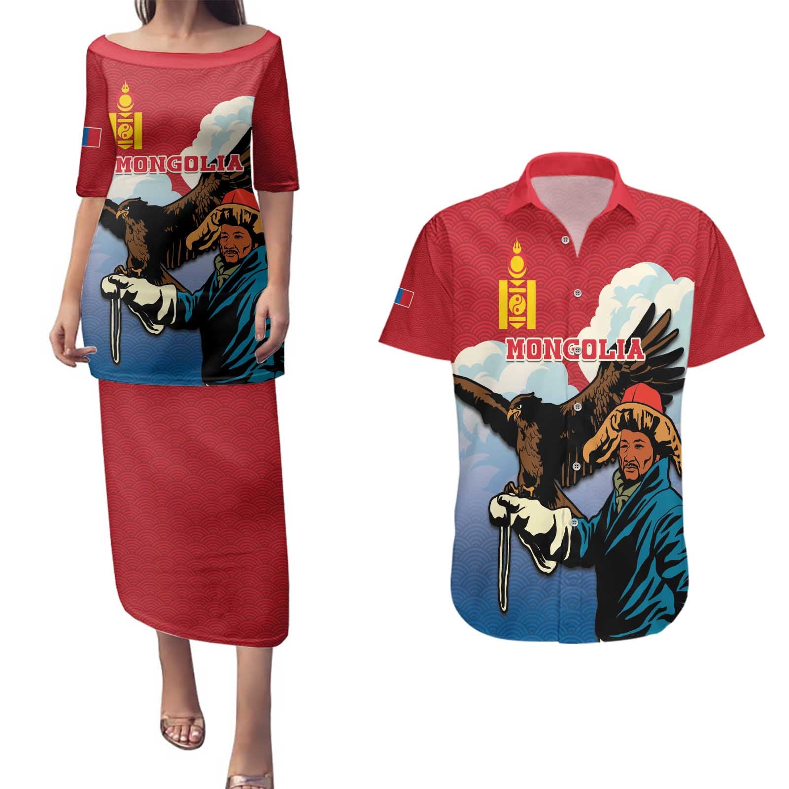 Personalised Mongolia Couples Matching Puletasi and Hawaiian Shirt Eagle Hunters - Wonder Print Shop