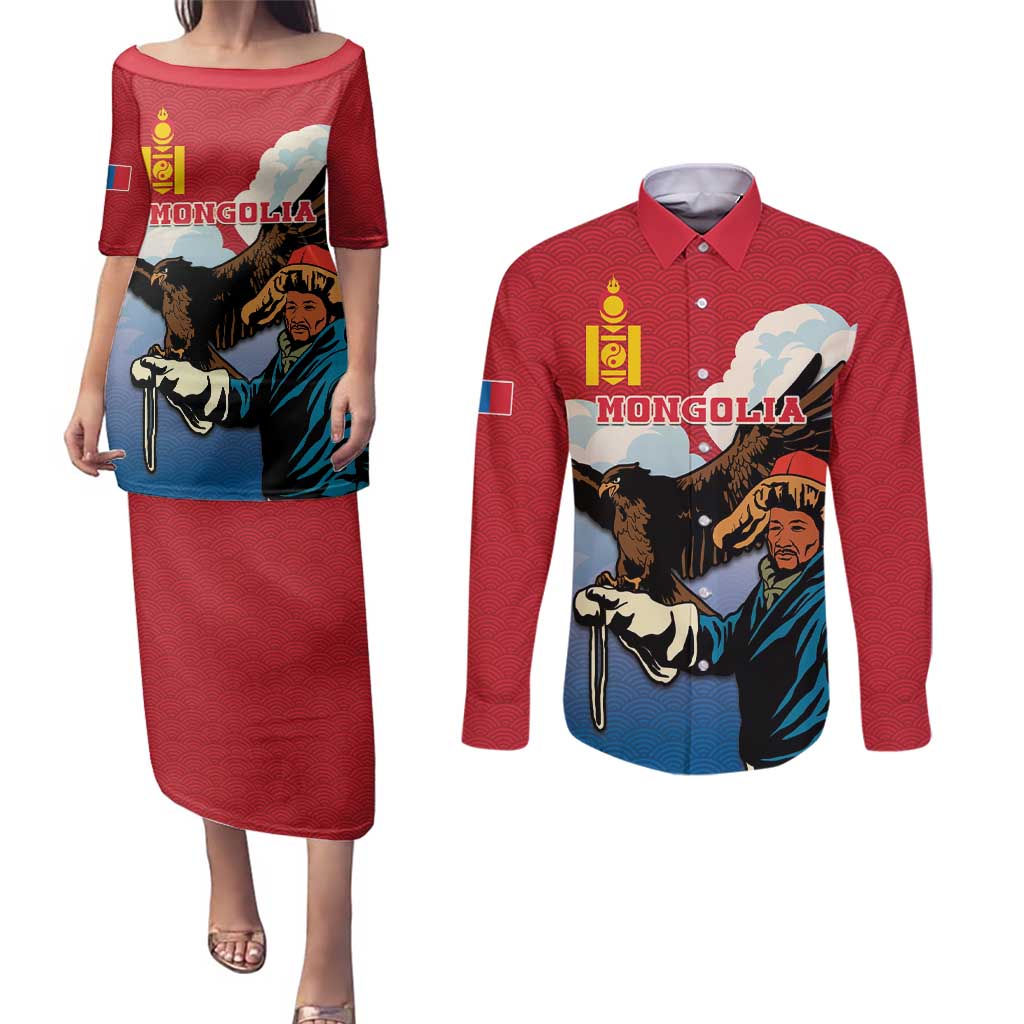 Personalised Mongolia Couples Matching Puletasi and Long Sleeve Button Shirt Eagle Hunters - Wonder Print Shop