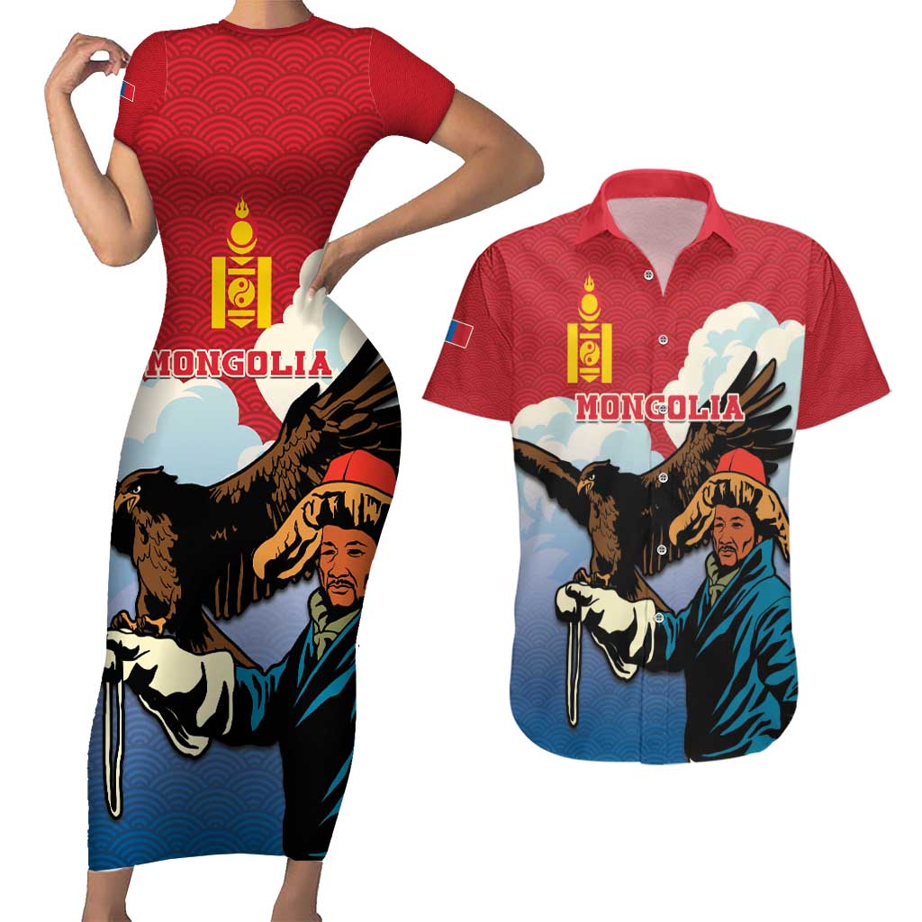 Personalised Mongolia Couples Matching Short Sleeve Bodycon Dress and Hawaiian Shirt Eagle Hunters - Wonder Print Shop