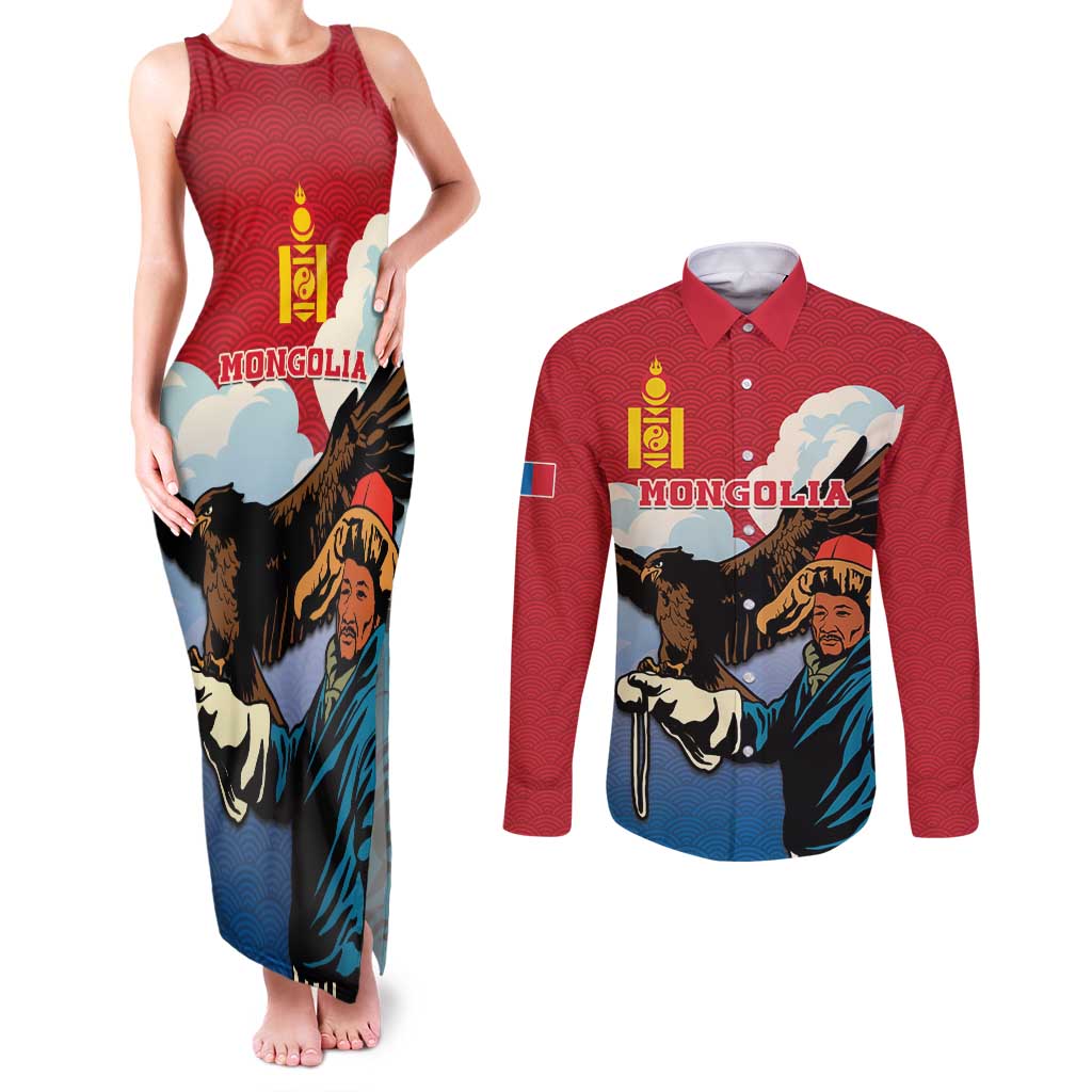 Personalised Mongolia Couples Matching Tank Maxi Dress and Long Sleeve Button Shirt Eagle Hunters - Wonder Print Shop